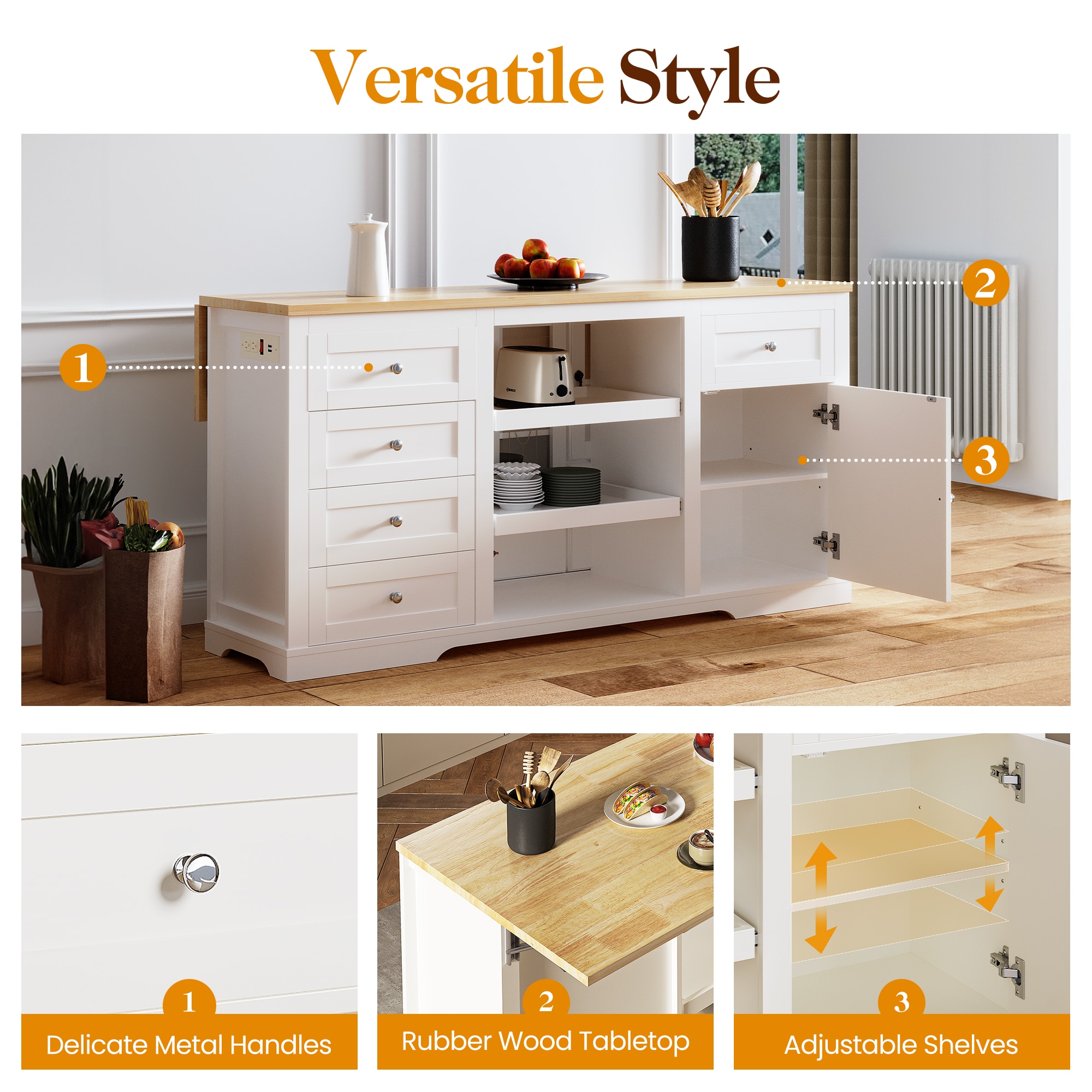 Kitchen Island With Storage Drop Leaf And Power Outlet White_voghion.com